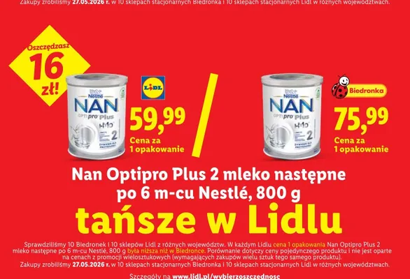 Mleko następne Nan Optipro Plus 2 po 6 m-cu promocja w Lidl