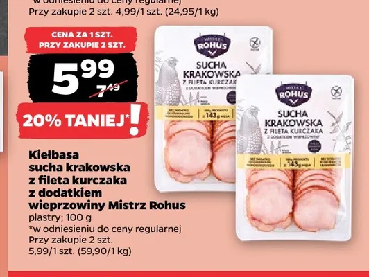 Kiełbasa sucha krakowska z fileta kurczaka z dodatkiem wieprzowiny Mistrz Rohus promocja w Netto