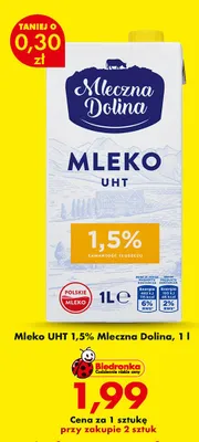 Mleko UHT 1,5% Mleczna Dolina promocja w Biedronka