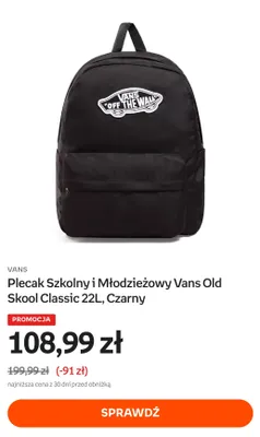 Plecak szkolny i młodzieżowy Vans Old Skool Classic 22 l czarny promocja w Empik