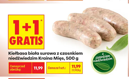 Kiełbasa biała surowa z czosnkiem niedźwiedzim Kraina Mięs promocja w Biedronka