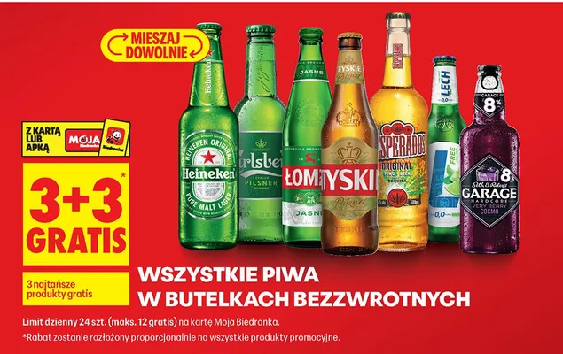 Wszystkie piwa w butelkach bezzwrotnych 3+3 GRATIS promocja w Biedronka