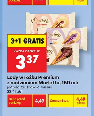 Lody w rożku Premium z nadzieniem wiśniowym Marletto promocja w Biedronka