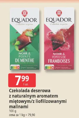 Czekolada deserowa z naturalnym aromatem miętowym/z liofilizowanymi malinami promocja w Leclerc