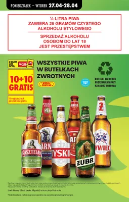 Wszystkie piwa w butelkach zwrotnych 10+10 GRATIS promocja w Biedronka