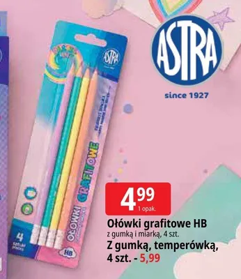 Ołówki grafitowe HB Astra z gumką i miarką 4-pak promocja w Leclerc
