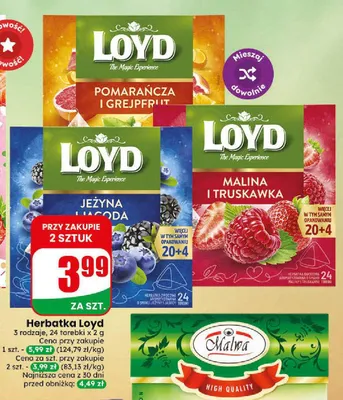 Herbatka owocowa Loyd malina i truskawka promocja w Dino