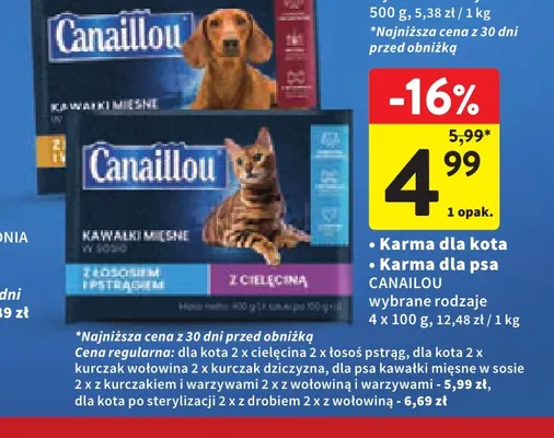 Karma dla psa kawałki mięsne w sosie Canaillou 2 x z kurczakiem i warzywami 2 x z wołowiną i warzywami 4-pak promocja w Intermarche