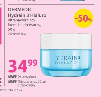 Ultranawilżający krem-żel do twarzy Hydrain 3 Hialuro Dermedic promocja w Hebe