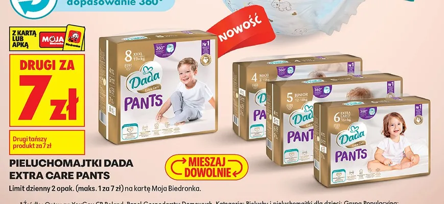 Pieluchomajtki Dada Extra Care Pants 8 XXXL 19+ kg promocja w Biedronka