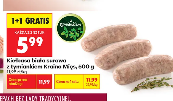 Kiełbasa biała surowa z tymiankiem Kraina Mięs promocja w Biedronka