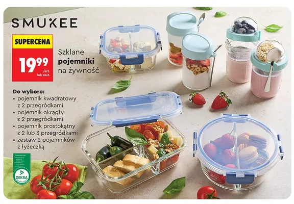 Szklany pojemnik na żywność SMUKEE prostokątny z 2 lub 3 przegródkami promocja w Biedronka