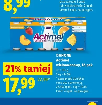 Napój probiotyczny Danone Actimel wieloowocowy 12-pak promocja w Lidl
