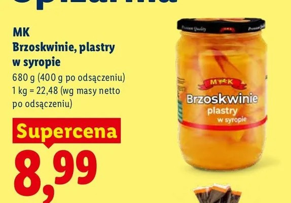 Brzoskwinie plastry w syropie MK promocja w Lidl