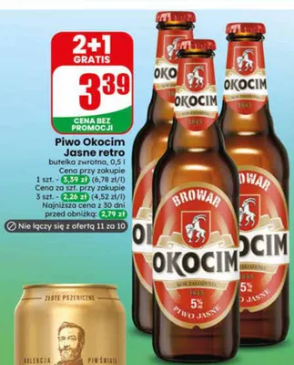 Piwo Okocim Jasne retro butelka zwrotna promocja w Dino