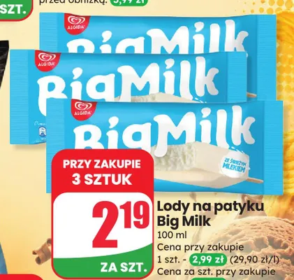 Lody na patyku Big Milk promocja w Dino