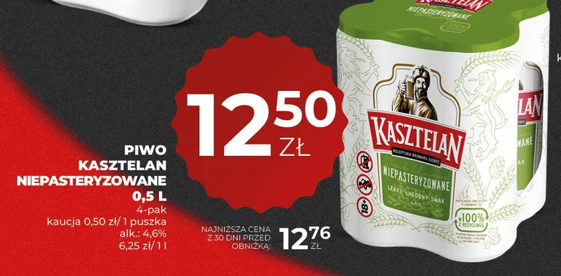 Piwo Kasztelan Niepasteryzowane 4-pak 500 ml promocja w Duży Ben