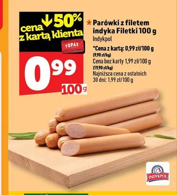 Parówki z filetem indyka Filetki Indykpol promocja w TOPAZ