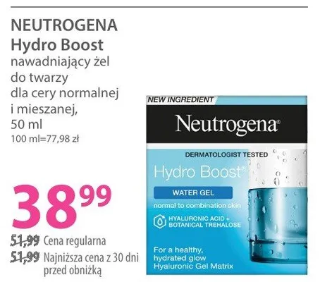 Żel nawadniający NEUTROGENA Hydro Boost nawadniający żel do twarzy dla cery normalnej i mieszanej promocja w Hebe