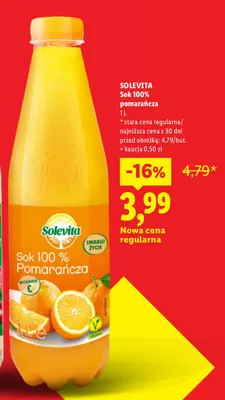 Sok pomarańcza Solevita 100% promocja w Lidl