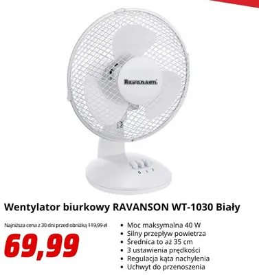 Wentylator biurkowy Ravanson WT-1030 Biały promocja w Media Markt