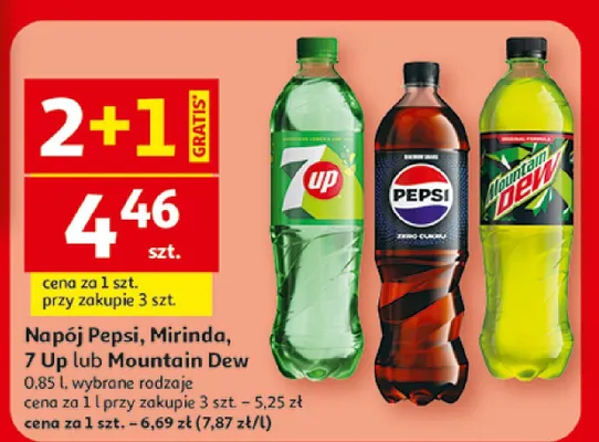 Napój Pepsi, Mirinda, 7 Up lub Mountain Dew, wybrane rodzaje promocja w Auchan