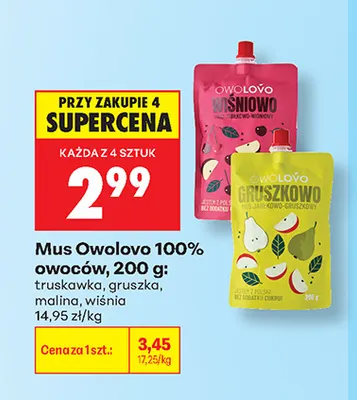 Mus Owolovo 100% owoców gruszka promocja w Biedronka