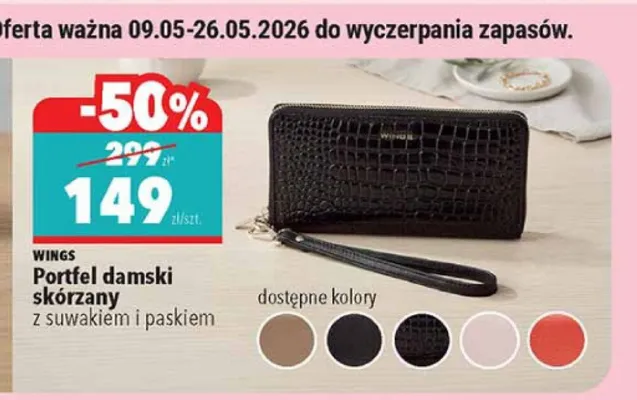 Portfel damski skórzany z suwakiem i paskiem WINGS promocja w Biedronka