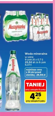 Woda mineralna gazowana w szkle 6-pak Muszynianka 0,7 l promocja w Carrefour