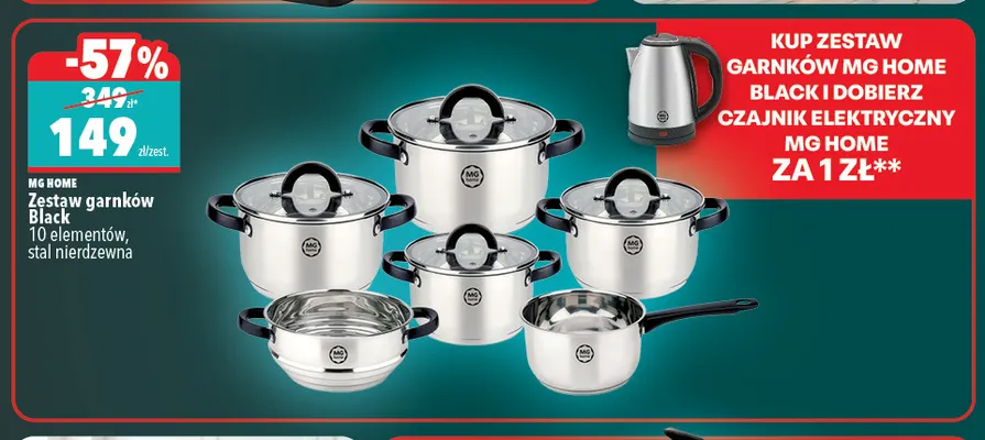 Zestaw garnków Black 10 elementów ze stali nierdzewnej Mg Home promocja w Biedronka Home