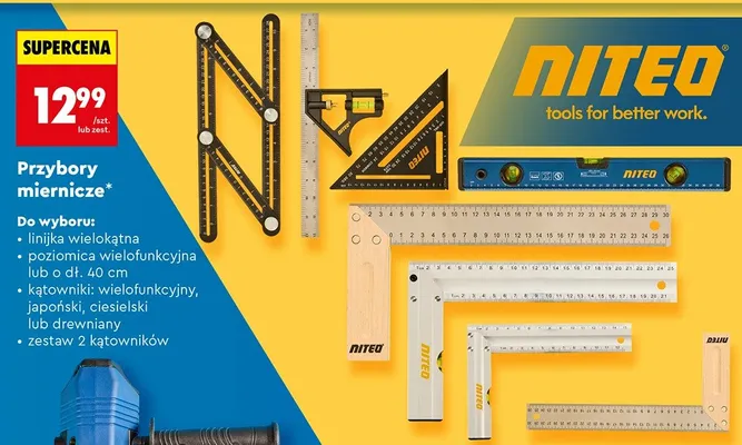 Przybory miernicze: linijka wielokątna, poziomica, kątownik (różne rodzaje), zestaw 2 kątowników promocja w Biedronka