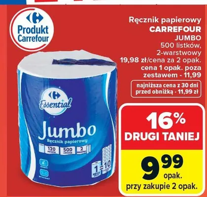Ręcznik papierowy jumbo 2-warstwowy promocja w Carrefour Market