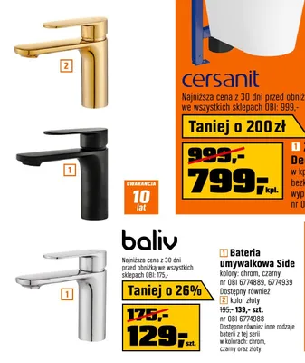 Bateria umywalkowa baliv Side złota promocja w OBI