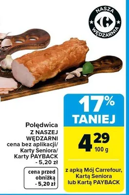 Polędwica z nasza wędzarni cena bez aplikacji/Karty Seniora/Karty PAYBACK promocja w Carrefour Market