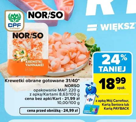 Krewetki Vannamei obrane gotowane NORSO promocja w Carrefour