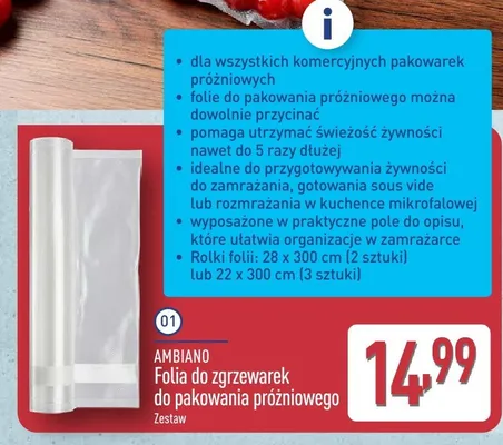 Folia do zgrzewarek do pakowania próżniowego Ambiano 22x300 cm promocja w Aldi