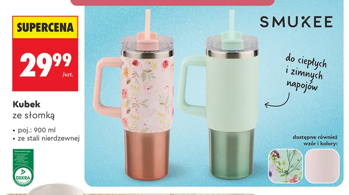 Kubek ze słomką 900 ml ze stali nierdzewnej Smukee promocja w Biedronka