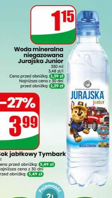 Woda mineralna niegazowana Jurajska Junior promocja w Dino