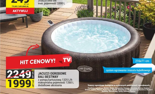 Jacuzzi ogrodowe Bestway Bali z pompą kartuszową 1325l/h maksymalna pojemność 1260l dodatkowe akcesoria 216x71cm system ogrzewania i masażu bąbelkowego promocja w Merkury Market