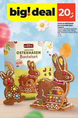 Zestaw do dekorowania pierniczkowego zająca zawiera: piernikowe elementy zająca, cukier puder (250g), żelki (30g) oraz cukierki (20g) promocja w Dealz