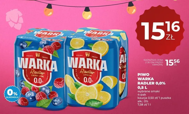 Piwo bezalkoholowe Warka Radler 0,0% Cytryna 4-pak 500ml promocja w Duży Ben