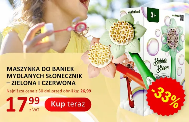 Maszynka do baniek mydlanych Słonecznik Wonderland zielona promocja w Poczta Polska