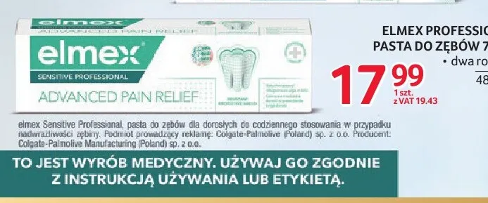Pasta do zębów Sensitive Professional Advanced Pain Relief Elmex promocja w Selgros