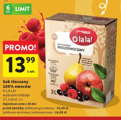 Sok tłoczony wieloowocowy O la la! 100% promocja w Intermarche