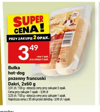 Bułka hot-dog pszenny francuski Dakri 2-pak 60g promocja w Twój Market
