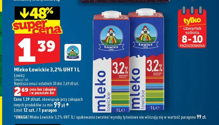Mleko UHT Łowickie Łowicz 3,2% promocja w TOPAZ