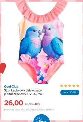 Strój kąpielowy dziewczęcy jednoczęściowy Cool Club UV 50 mix promocja w Smyk