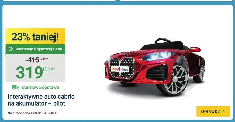 Interaktywne auto cabrio Joy4Kids na akumulator + pilot promocja w ERLI