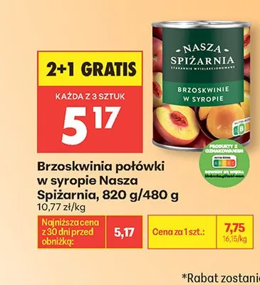 Brzoskwinia połówki w syropie Nasza Spiżarnia 820g/480g promocja w Biedronka