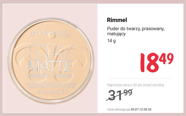 Puder do twarzy prasowany matujący Rimmel promocja w Rossmann